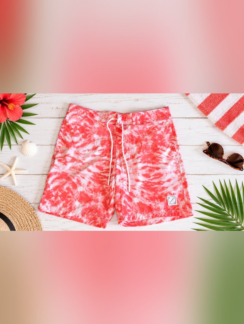 American Eagle Men's Coral & White Tie-Dye Swim Trunks Shorts - Size Large